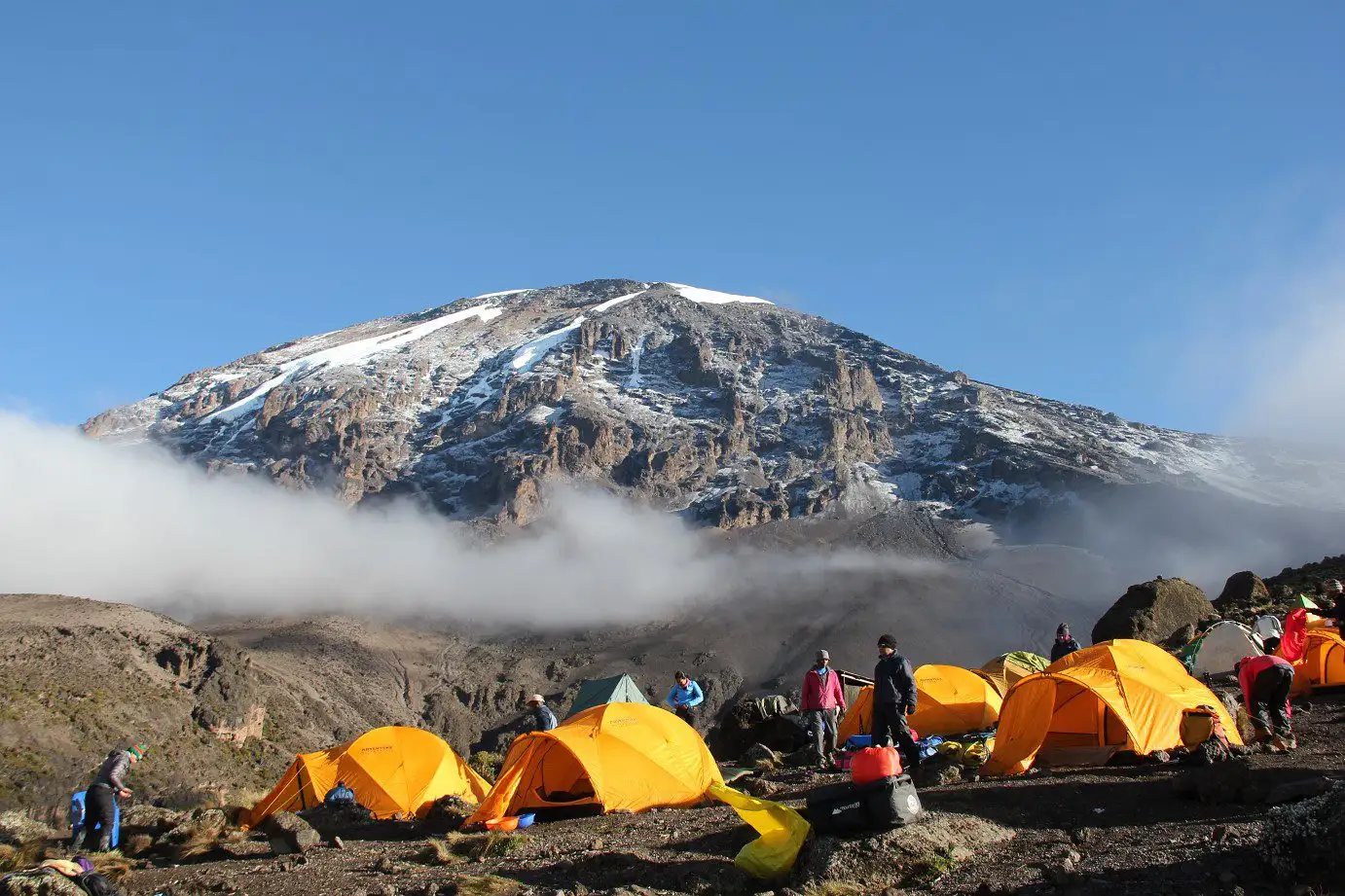 Kilimanjaro summit rising above a high-altitude camp